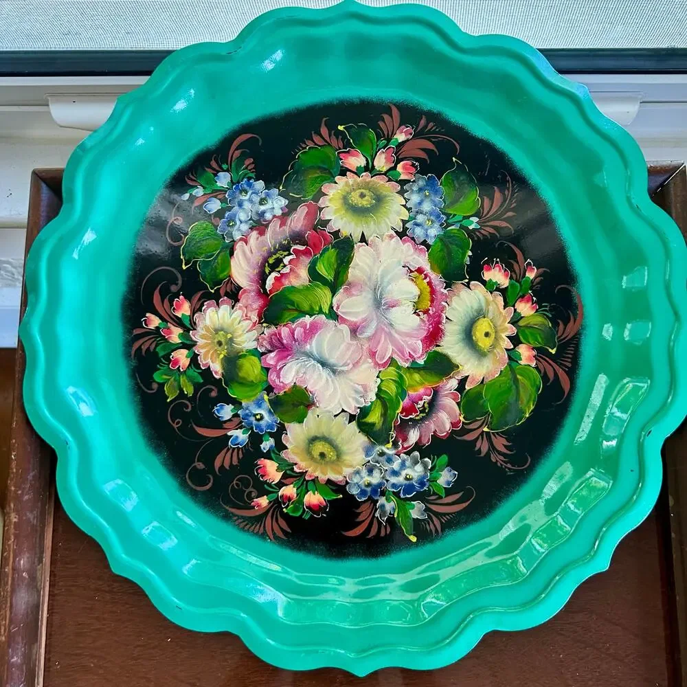 Vintage Zhostovo Russian Tole Tray with Bright Floral & Green Rim 15”